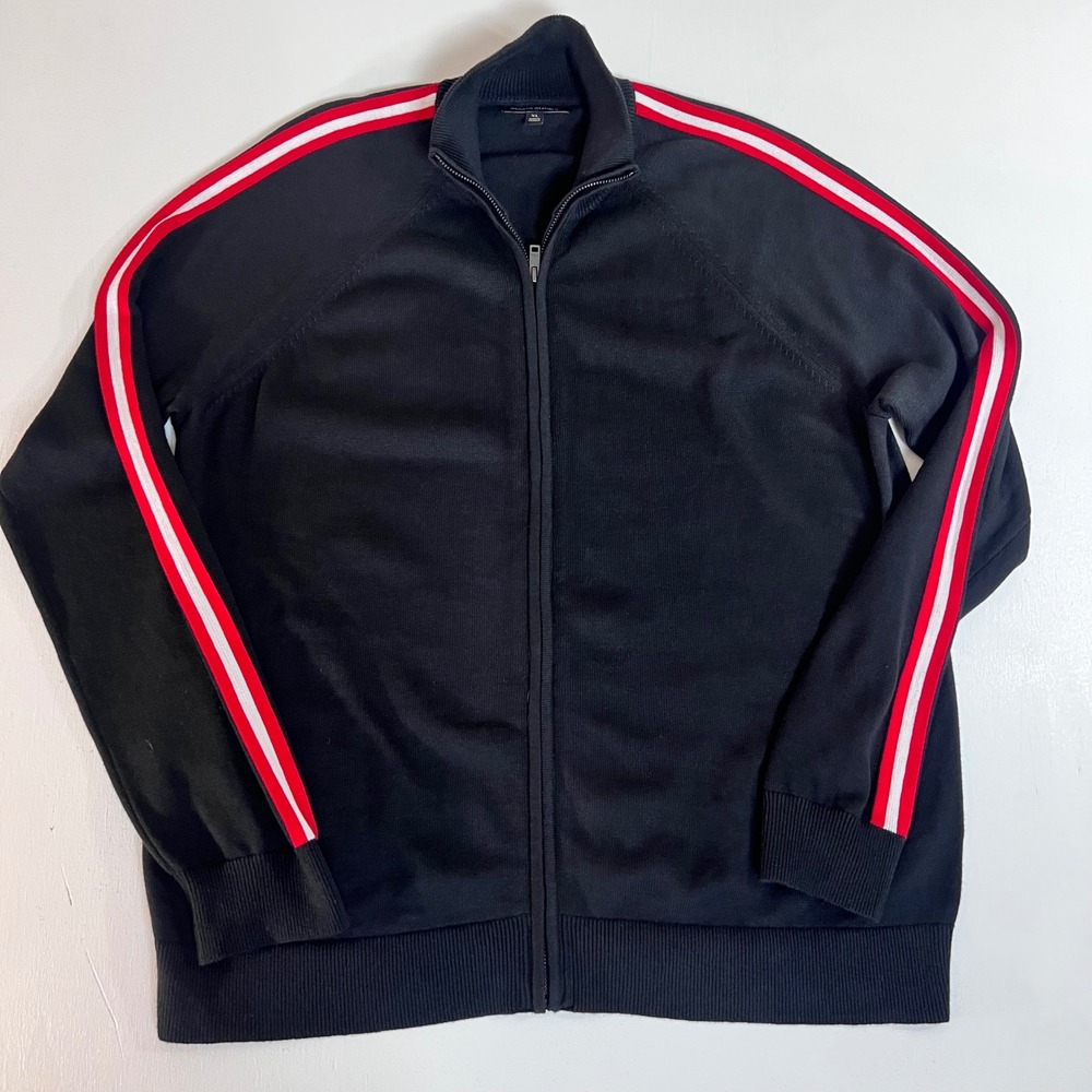 Banana Republic Men's XL Black Full Zip Sweater Red White Racing Stripe